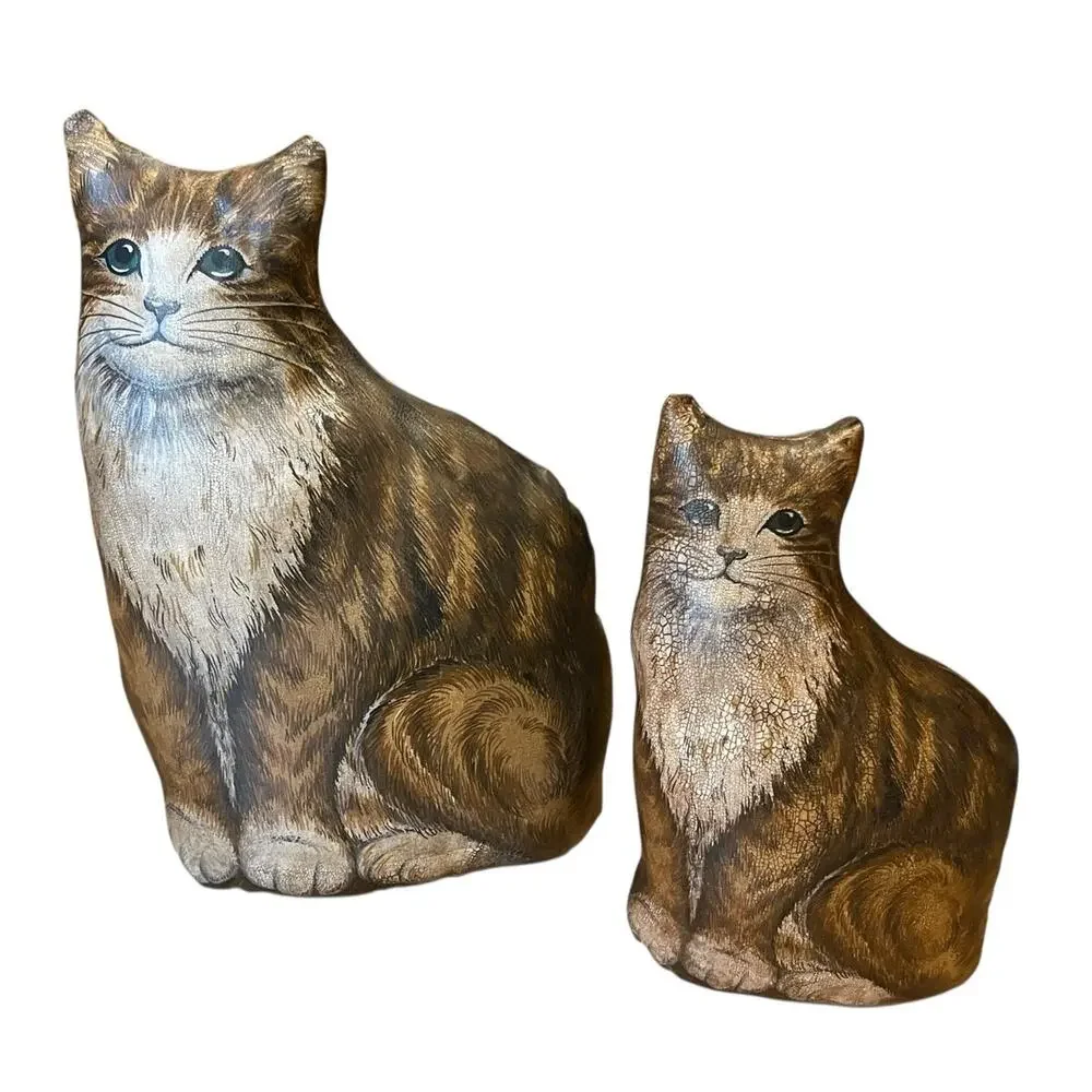 VTG Set Of 2 Oilcloth? Cat Kitty Pillows Decor Primitive Folk Art Mom & Kitten